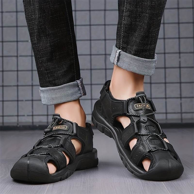 Relaxed - Leather Arched Orthopaedic Walking Sandal Black